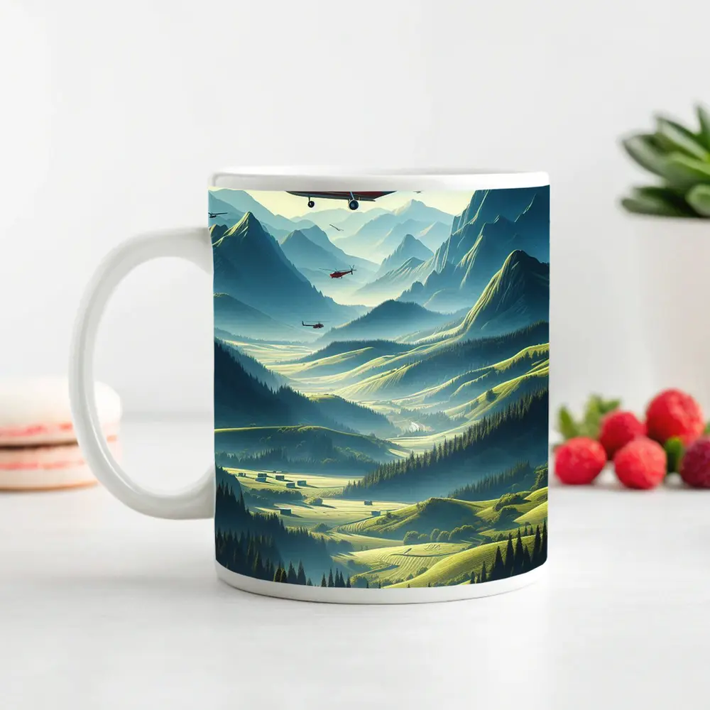 Red Helicopter Flying Over Mountain Valley – Mugs