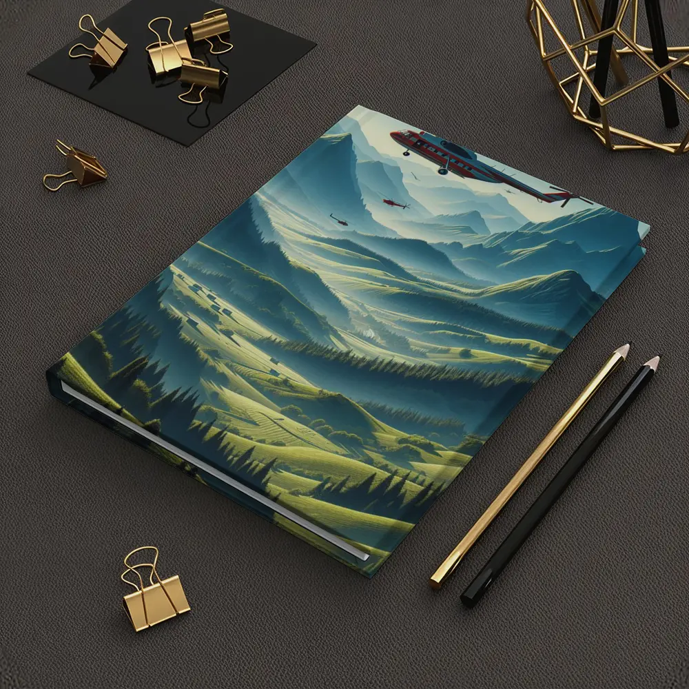 Red Helicopter Flying Over Mountain Valley – Notebooks