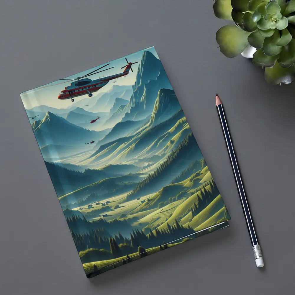 Red Helicopter Flying Over Mountain Valley – Notebooks