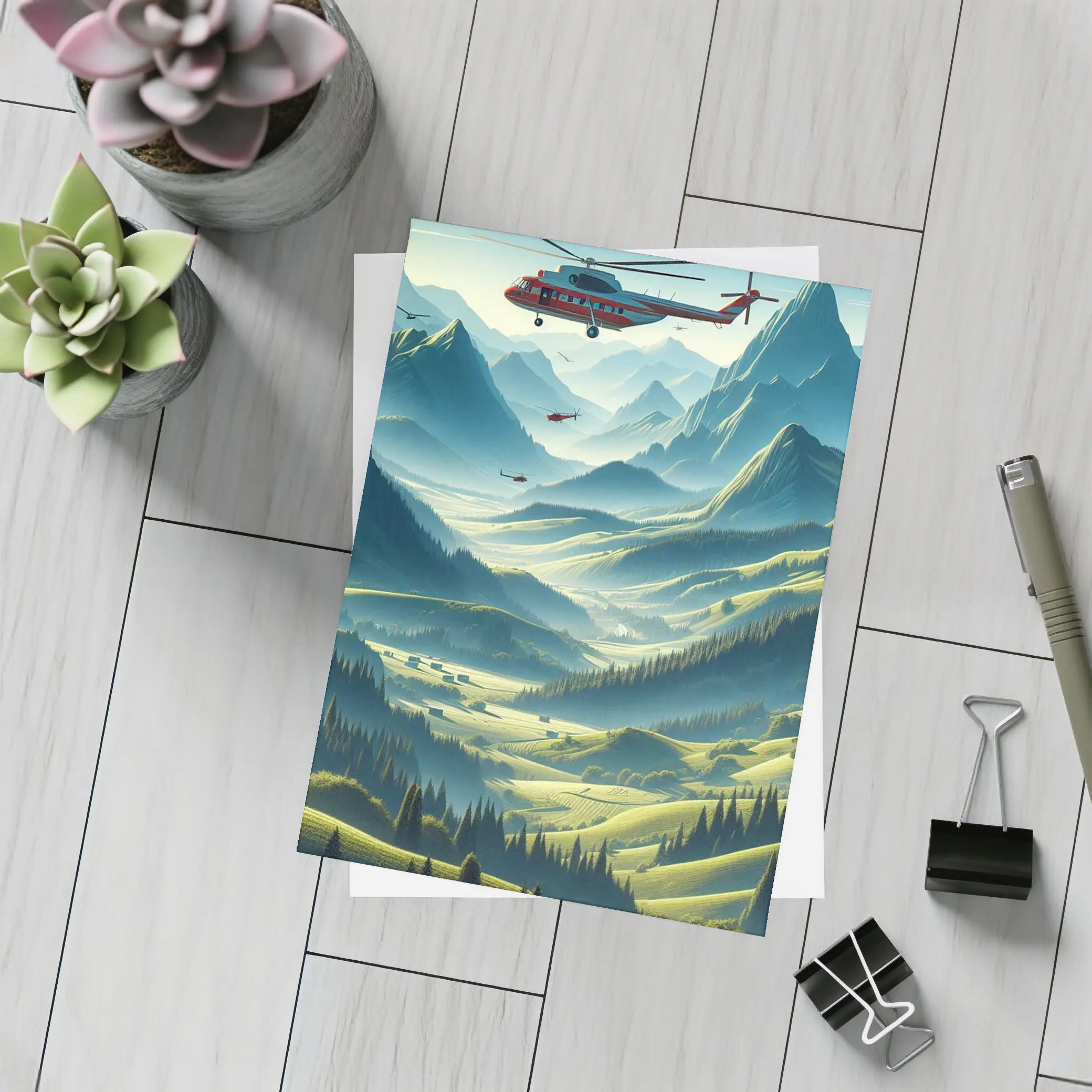 Red Helicopter Flying Over Mountain Valley – Postcards