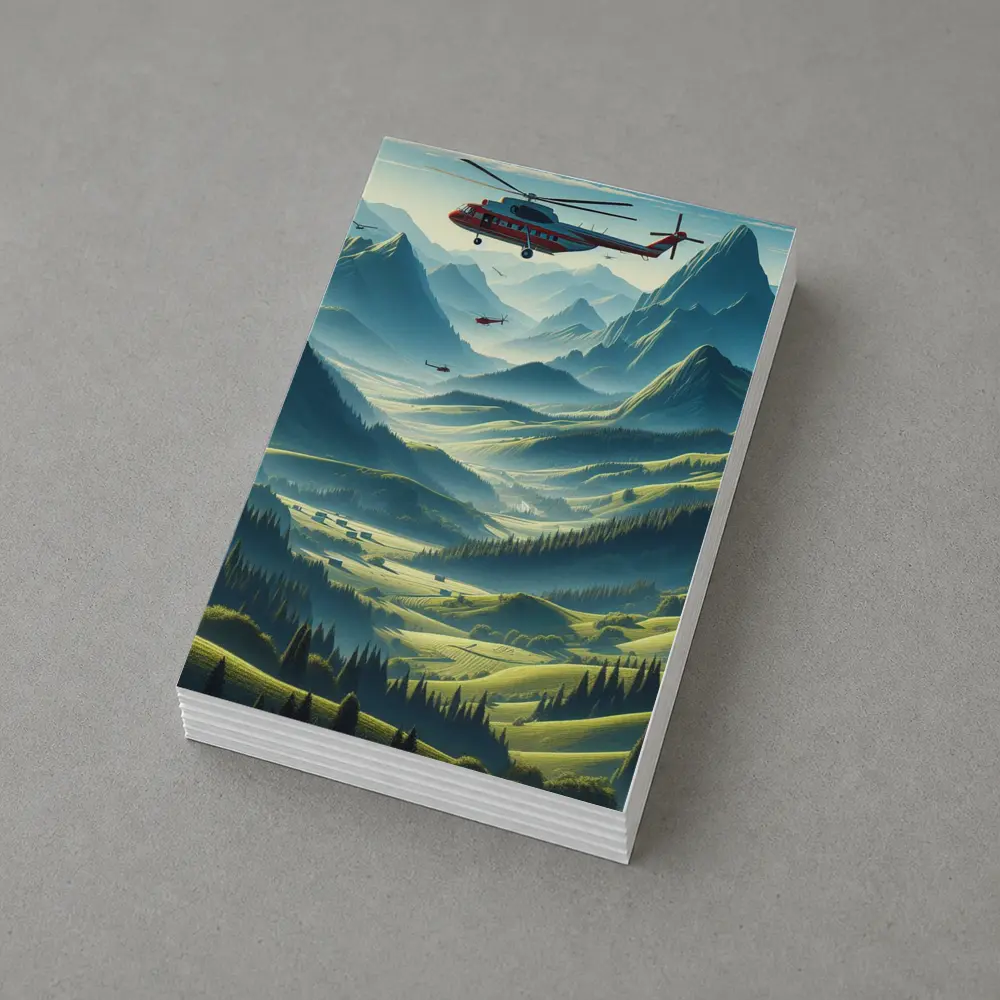 Red Helicopter Flying Over Mountain Valley – Postcards