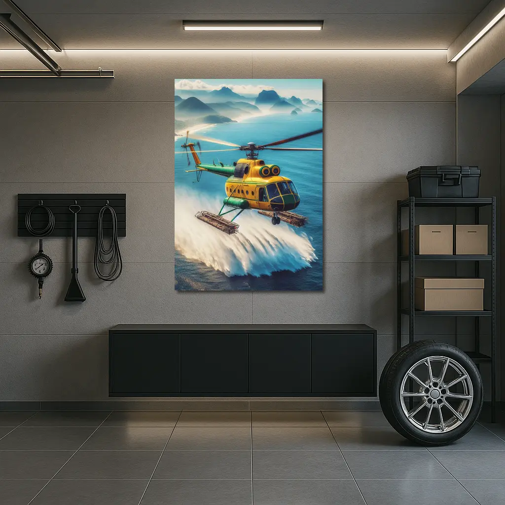 Yellow Green Helicopter Flying Over Ocean – Wall Art