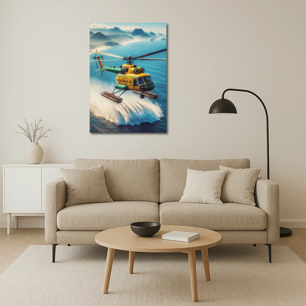 Yellow Green Helicopter Flying Over Ocean – Wall Art