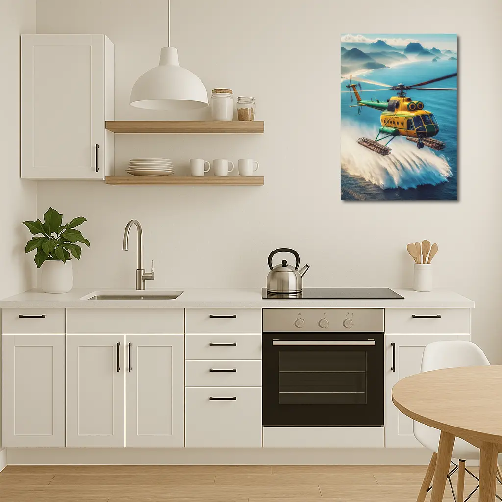 Yellow Green Helicopter Flying Over Ocean – Wall Art