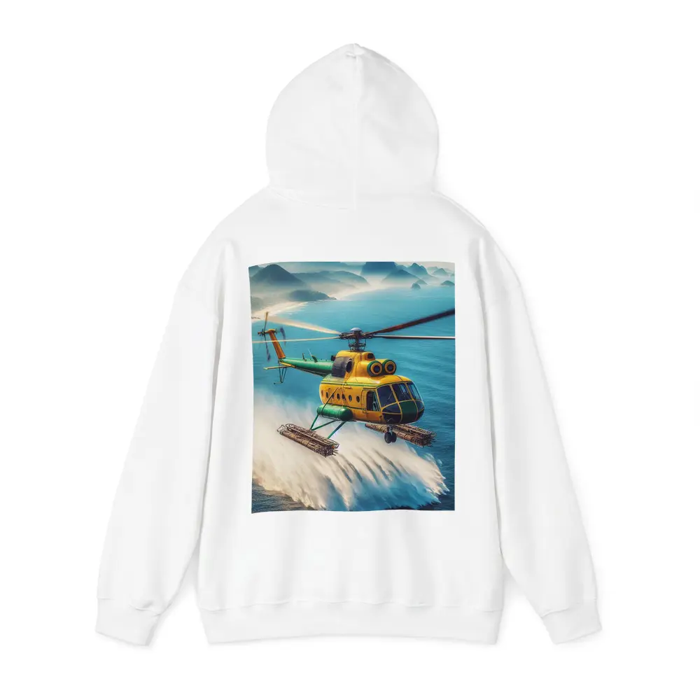 Yellow Green Helicopter Flying Over Ocean – Hoodies