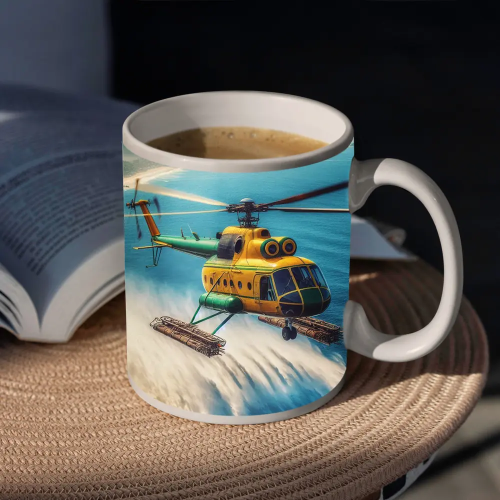 Yellow Green Helicopter Flying Over Ocean – Mugs