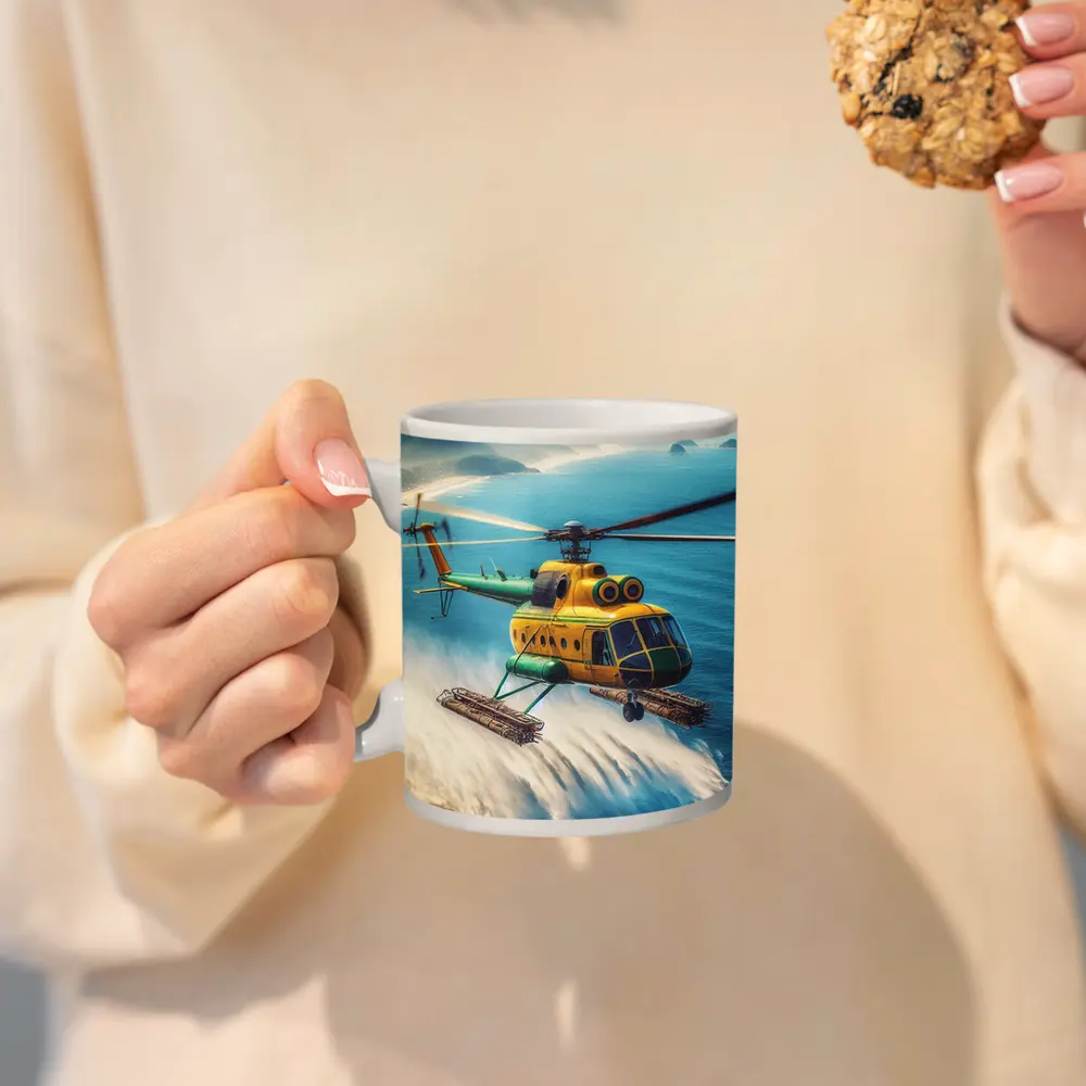 Yellow Green Helicopter Flying Over Ocean – Mugs