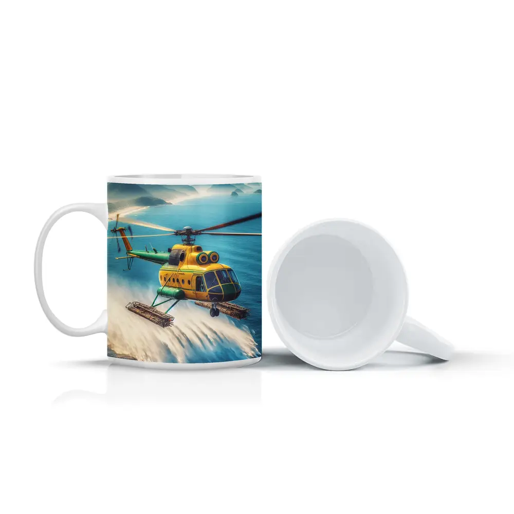 Yellow Green Helicopter Flying Over Ocean – Mugs