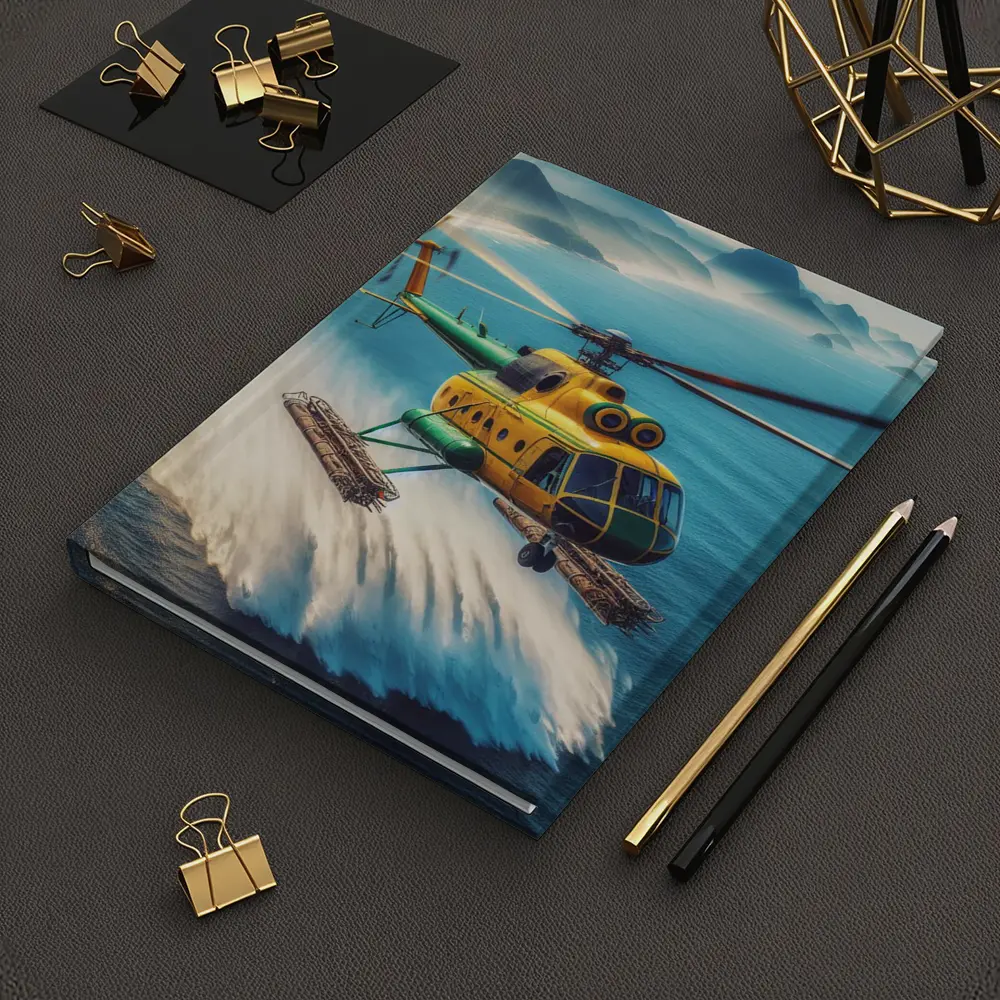 Yellow Green Helicopter Flying Over Ocean – Notebooks