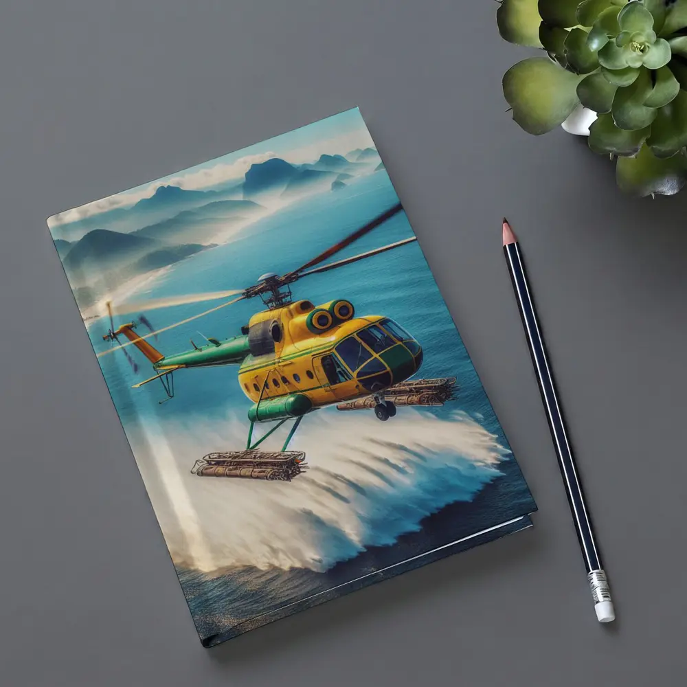 Yellow Green Helicopter Flying Over Ocean – Notebooks