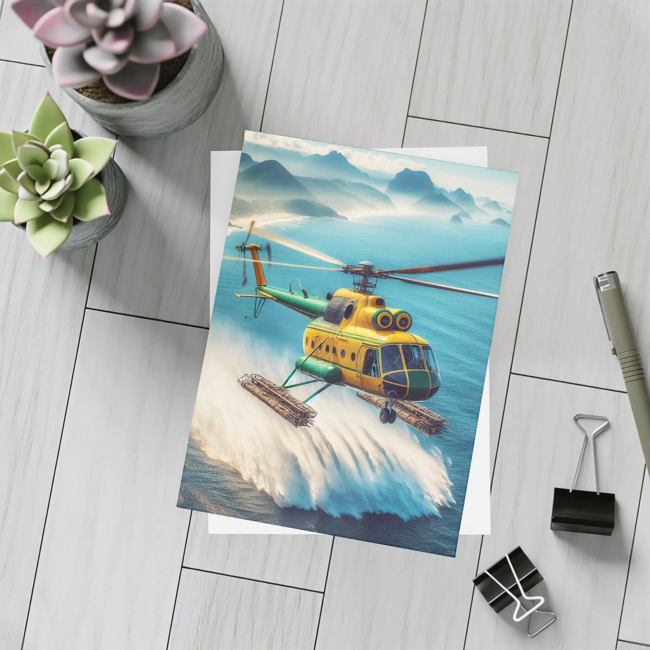 Yellow Green Helicopter Flying Over Ocean – Postcards