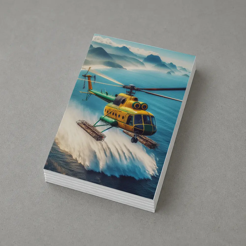 Yellow Green Helicopter Flying Over Ocean – Postcards