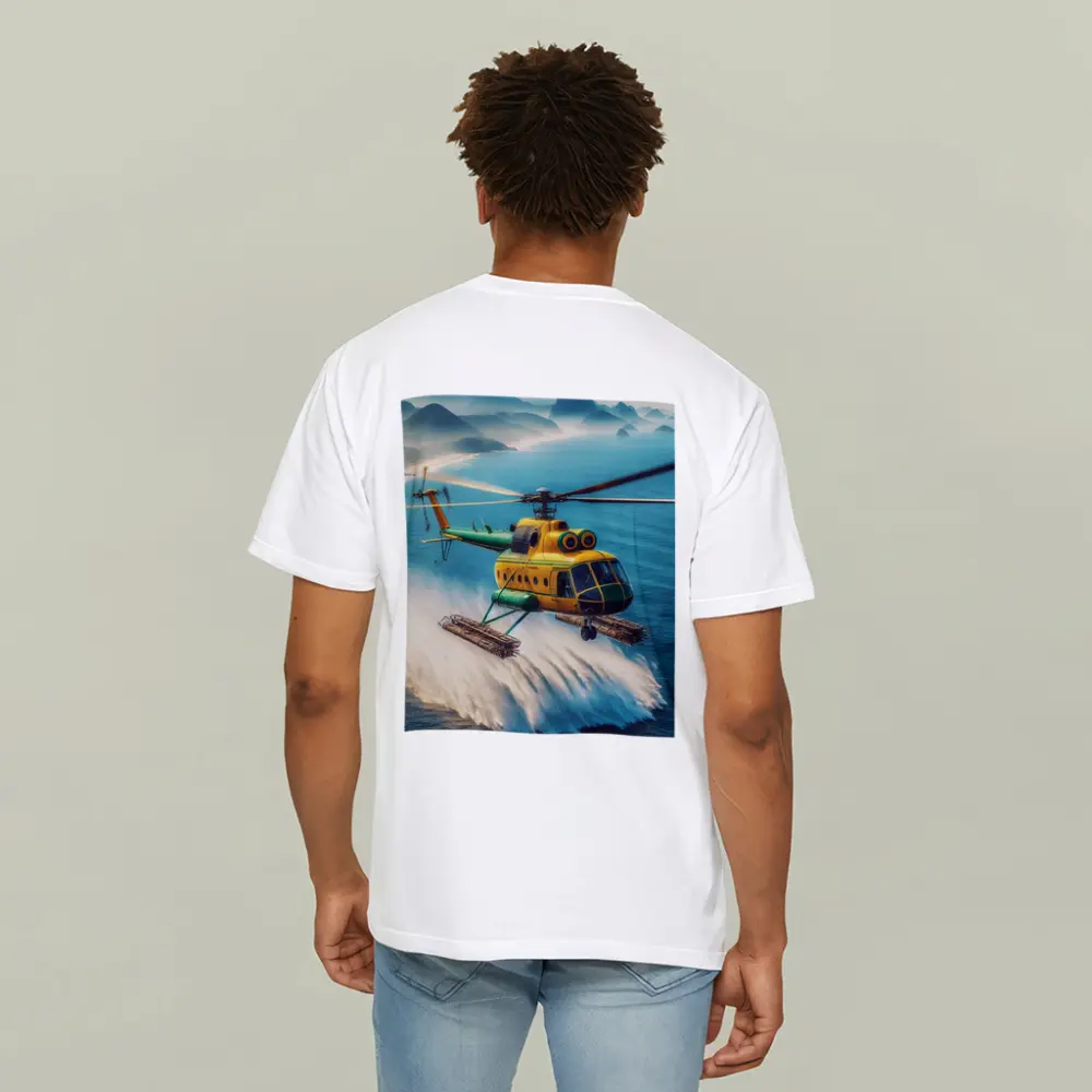 Yellow Green Helicopter Flying Over Ocean – T-Shirts
