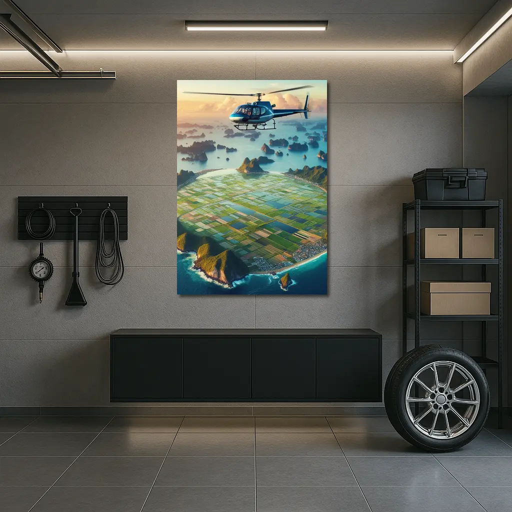 Helicopter Flying Over Coastal Island Fields – Wall Art