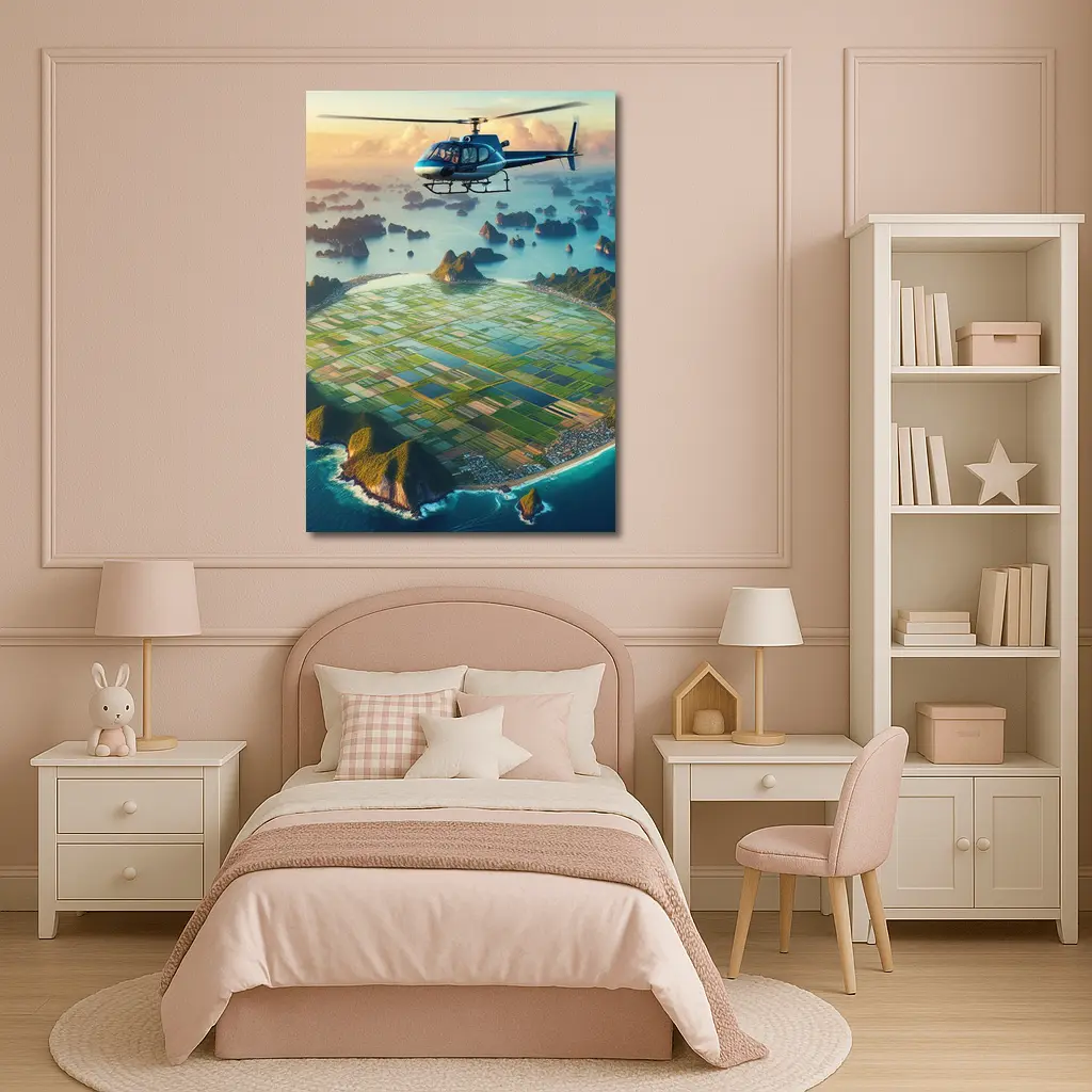 Helicopter Flying Over Coastal Island Fields – Wall Art