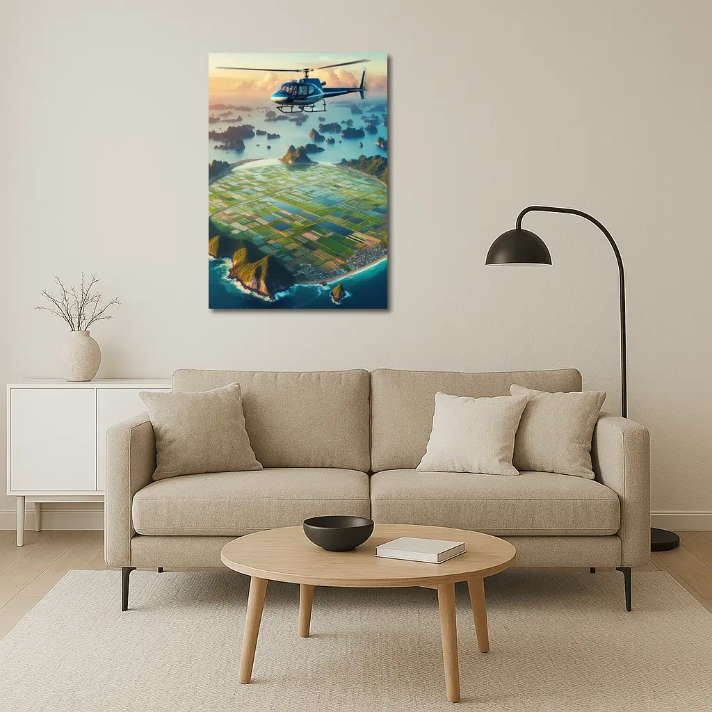 Helicopter Flying Over Coastal Island Fields – Wall Art
