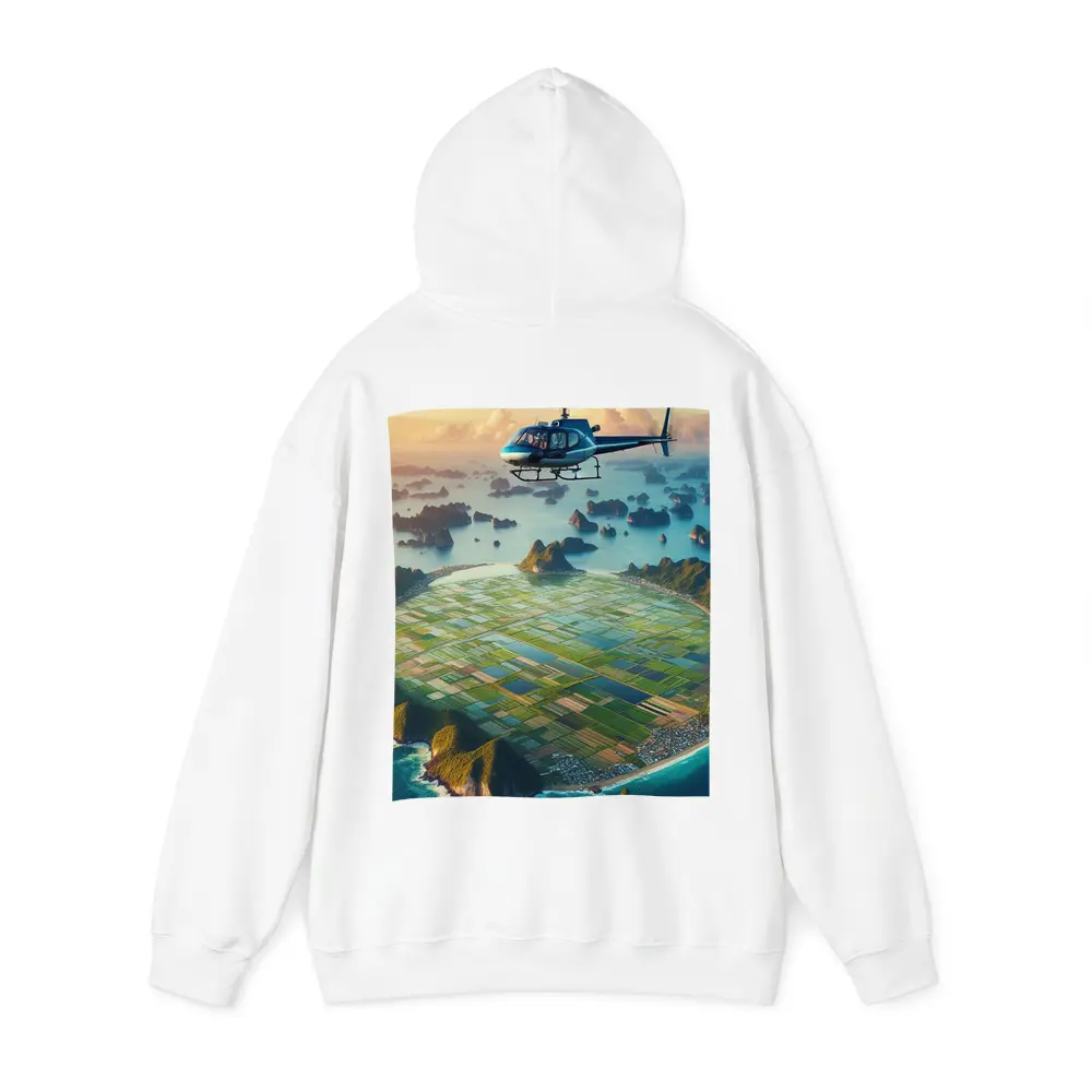 Helicopter Flying Over Coastal Island Fields – Hoodies