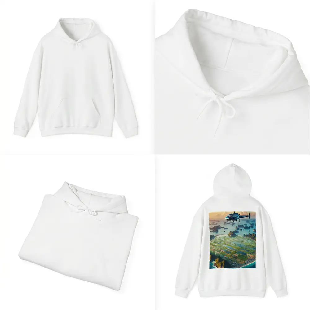Helicopter Flying Over Coastal Island Fields – Hoodies