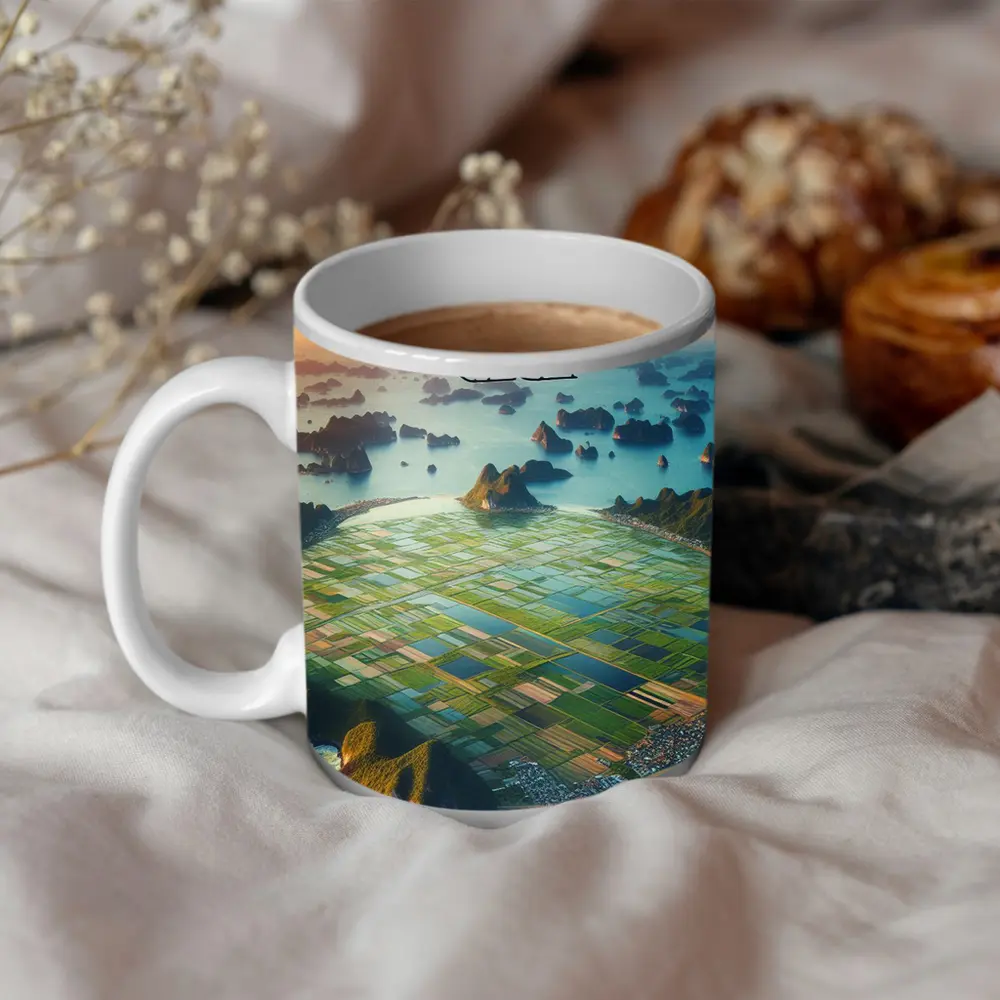 Helicopter Flying Over Coastal Island Fields – Mugs