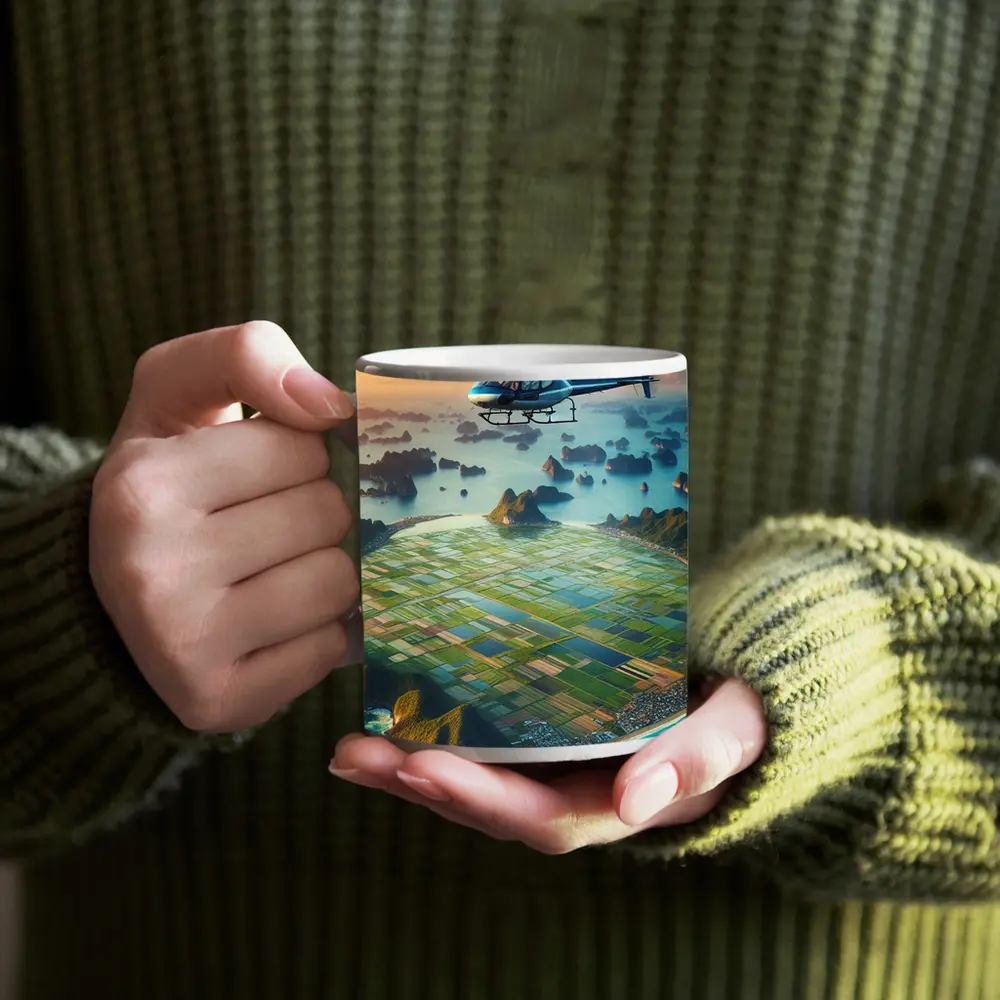 Helicopter Flying Over Coastal Island Fields – Mugs