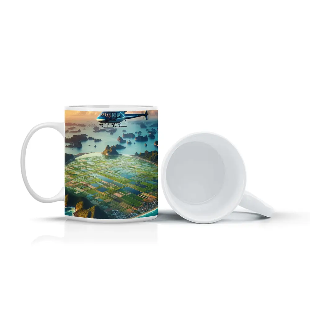 Helicopter Flying Over Coastal Island Fields – Mugs