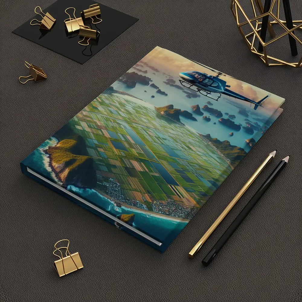 Helicopter Flying Over Coastal Island Fields – Notebooks
