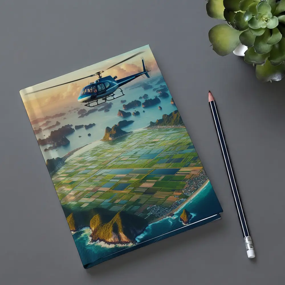 Helicopter Flying Over Coastal Island Fields – Notebooks