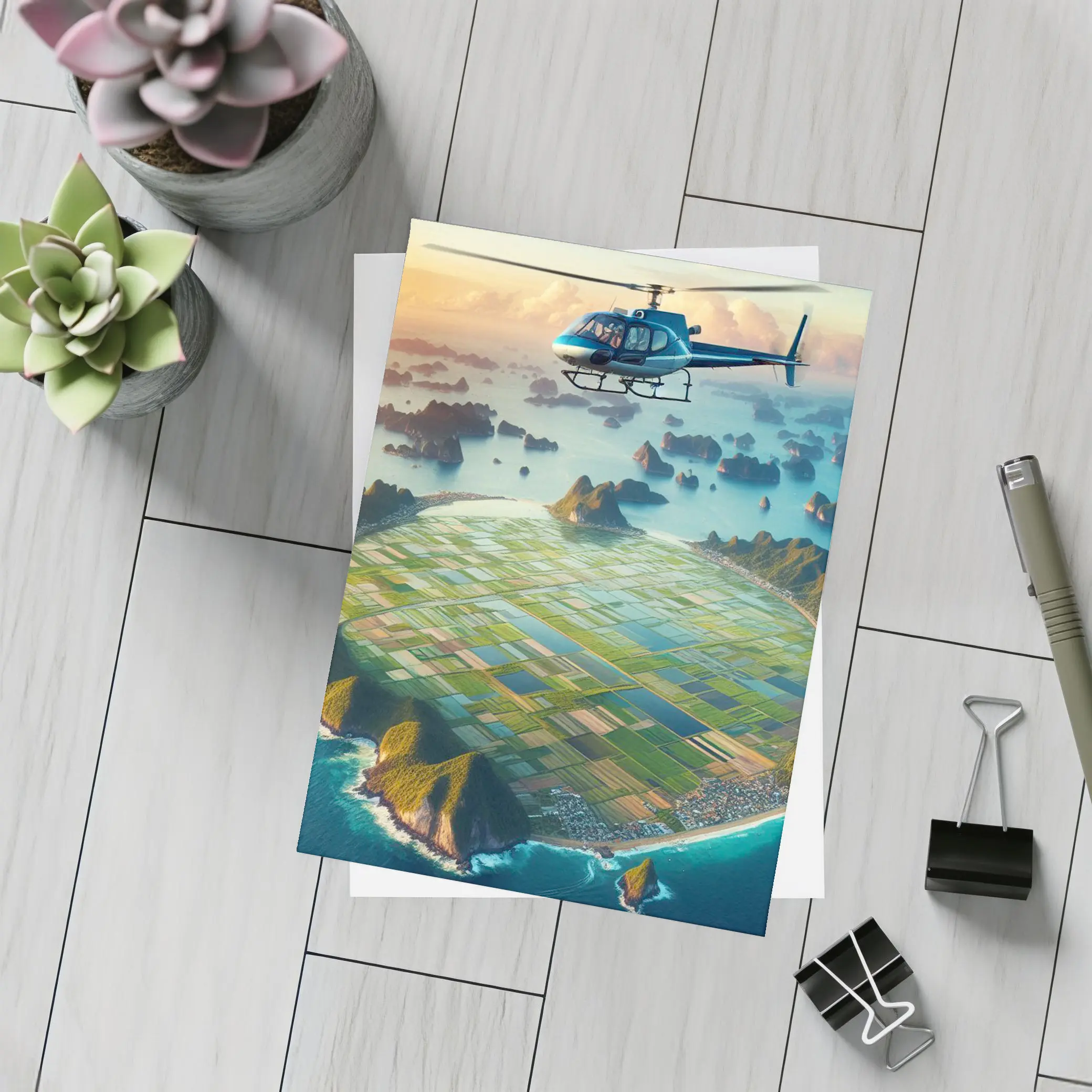 Helicopter Flying Over Coastal Island Fields – Postcards