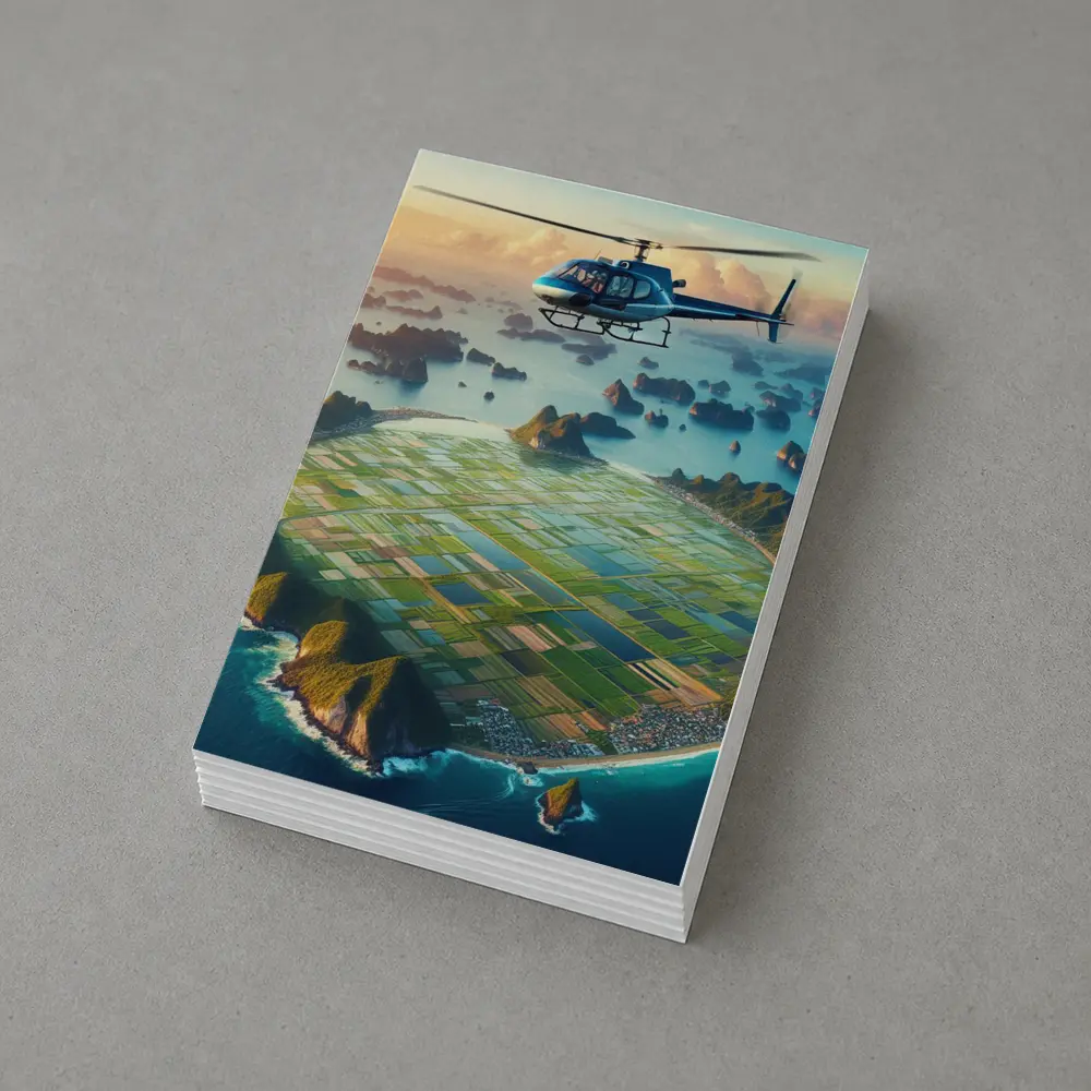 Helicopter Flying Over Coastal Island Fields – Postcards