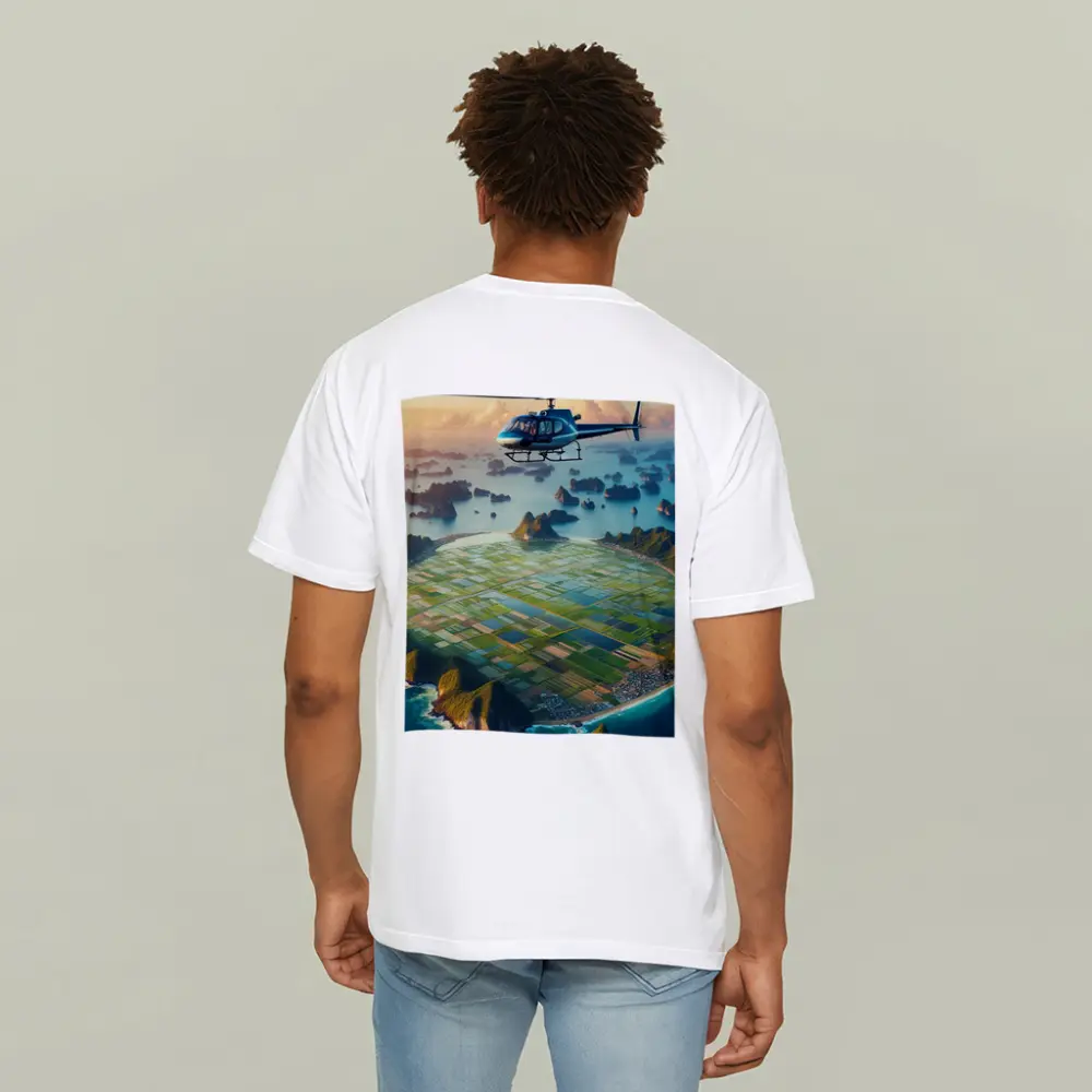 Helicopter Flying Over Coastal Island Fields – T-Shirts