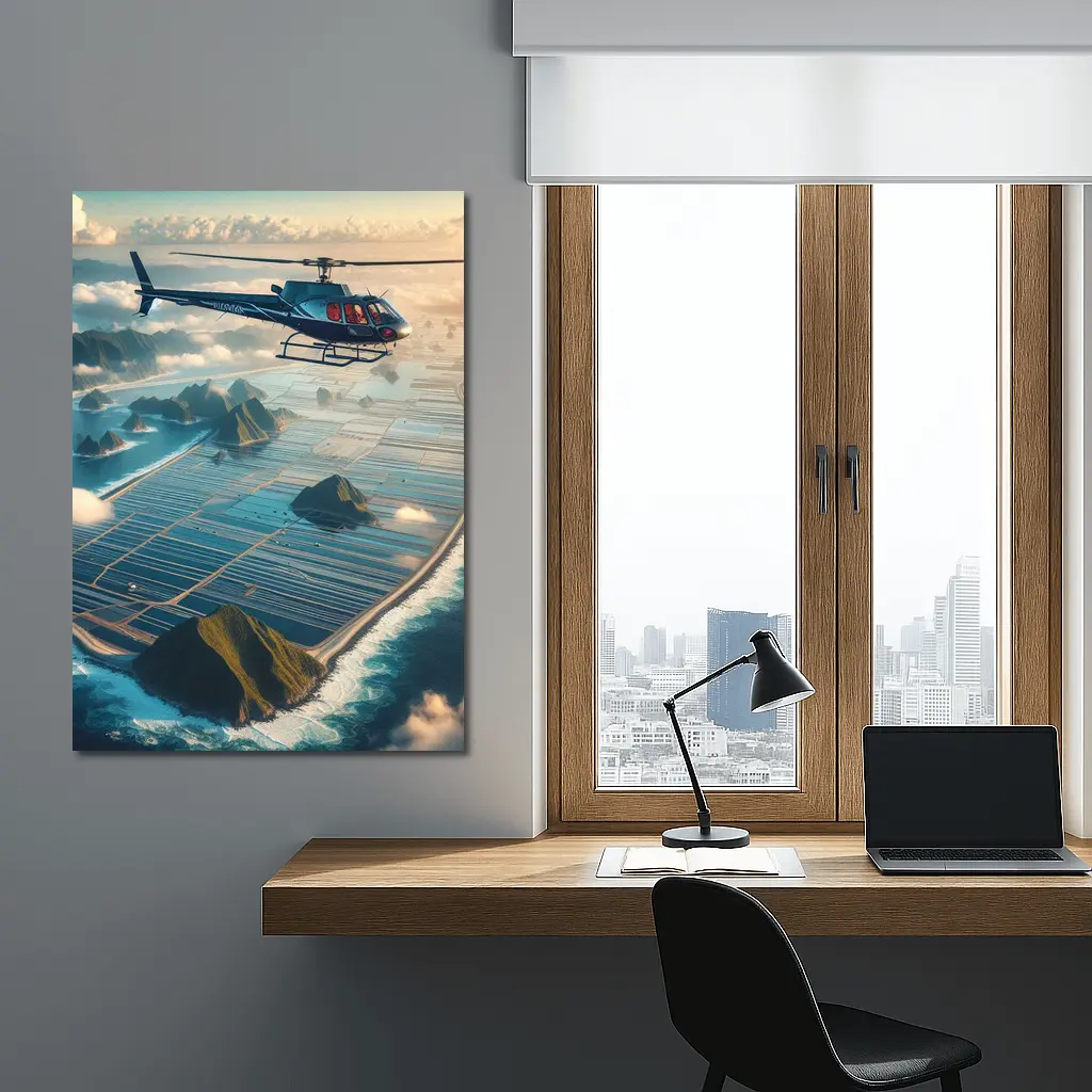 Helicopter Flying Over Island Ocean Landscape – Wall Art