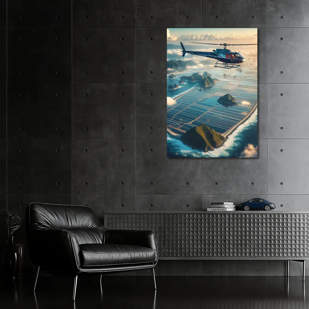 Helicopter Flying Over Island Ocean Landscape – Wall Art