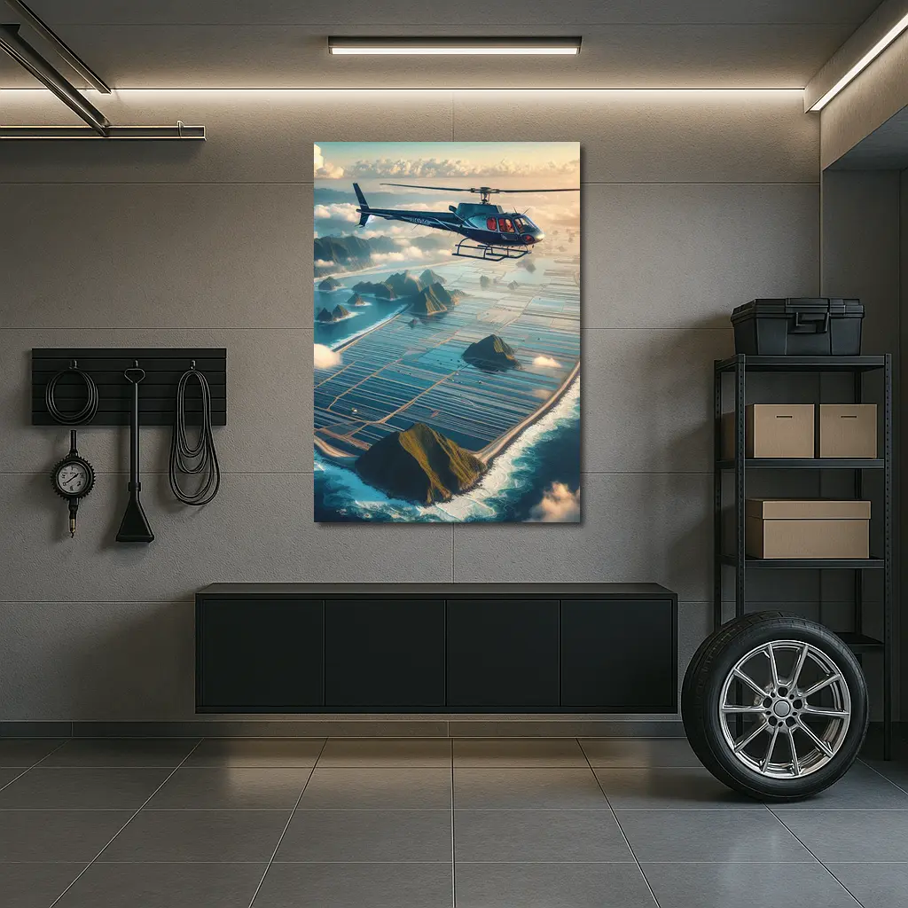 Helicopter Flying Over Island Ocean Landscape – Wall Art