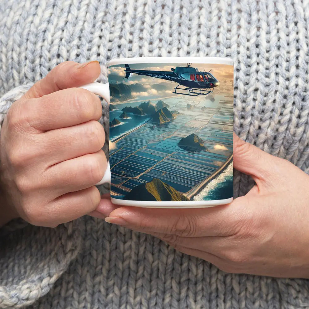 Helicopter Flying Over Island Ocean Landscape – Mugs