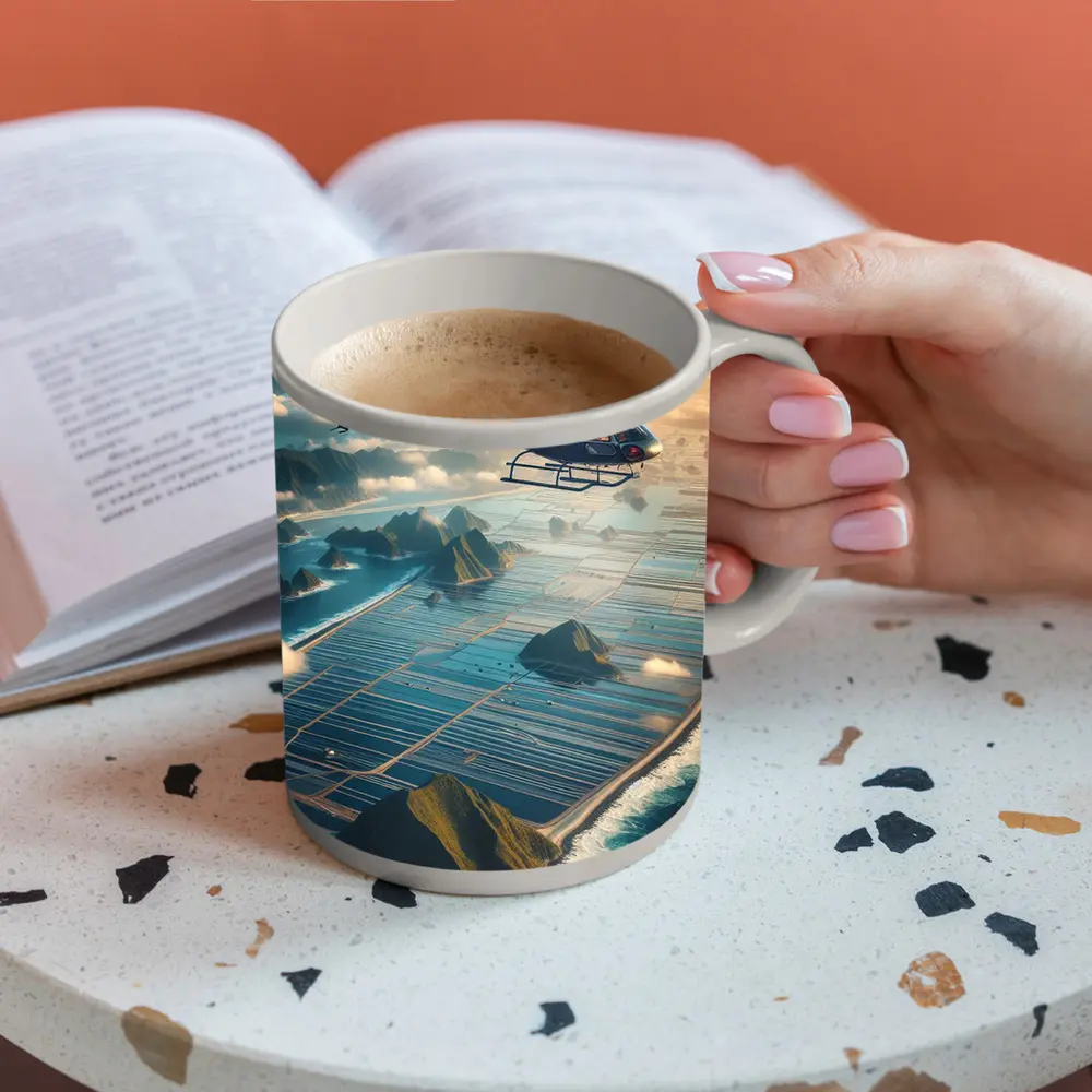 Helicopter Flying Over Island Ocean Landscape – Mugs
