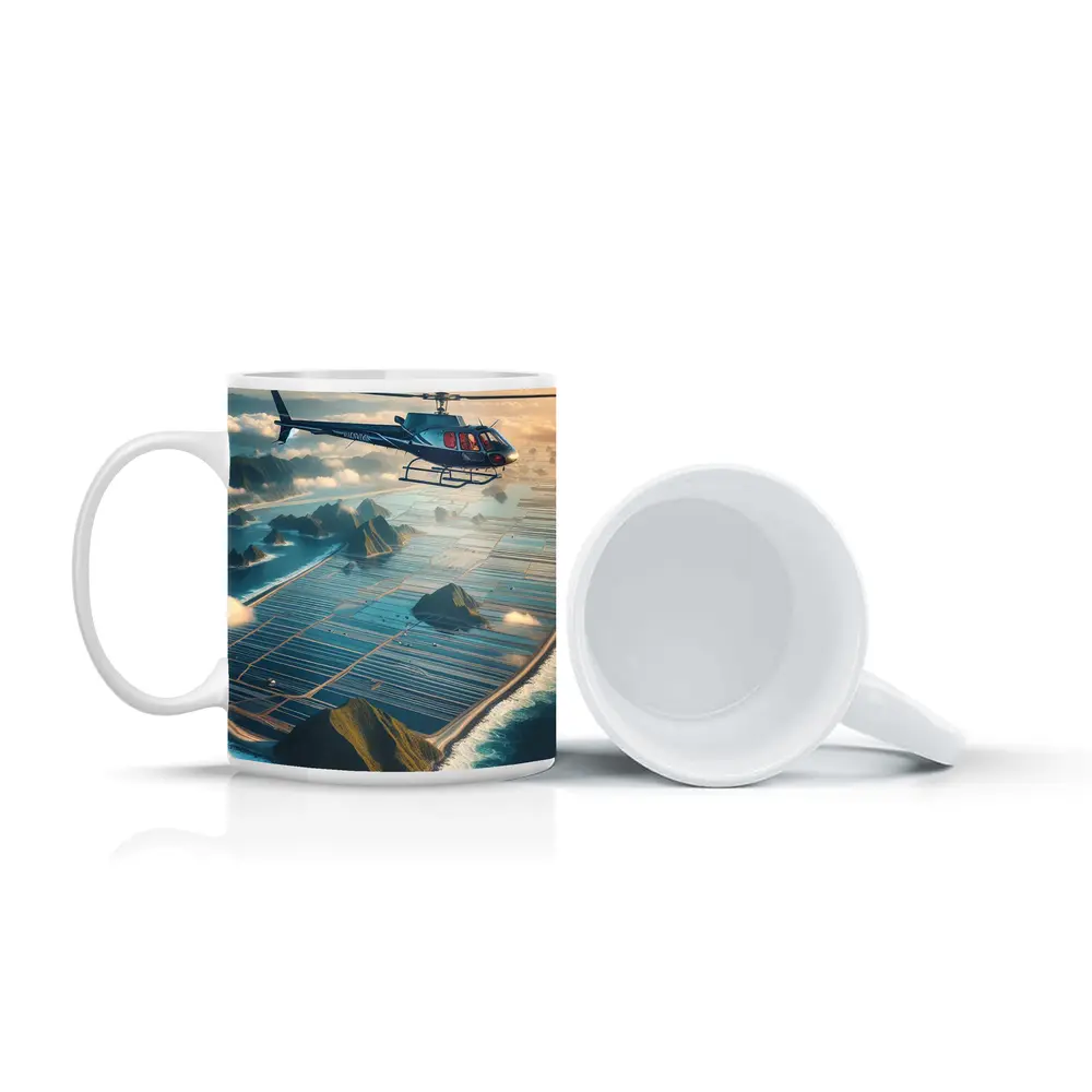 Helicopter Flying Over Island Ocean Landscape – Mugs