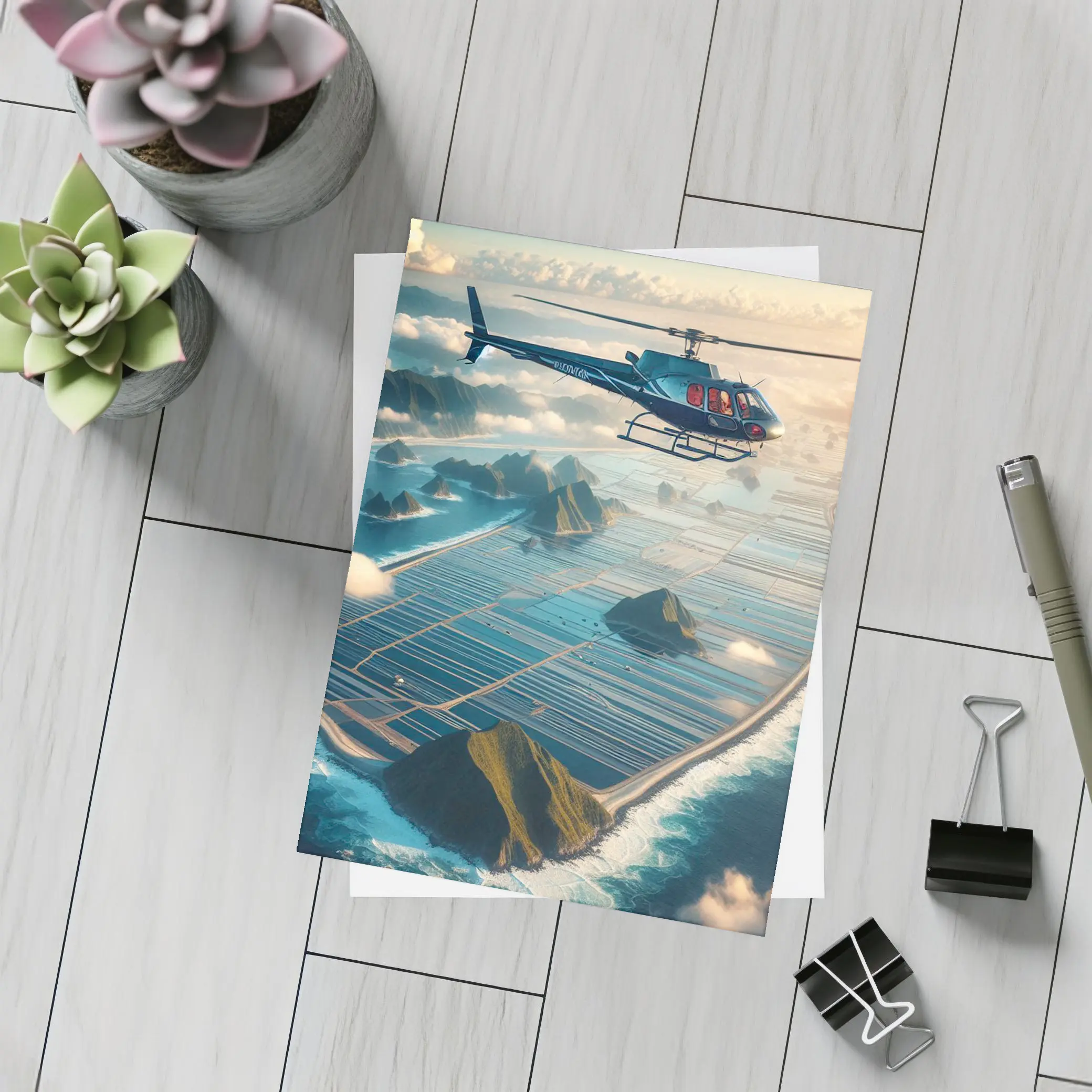 Helicopter Flying Over Island Ocean Landscape – Postcards