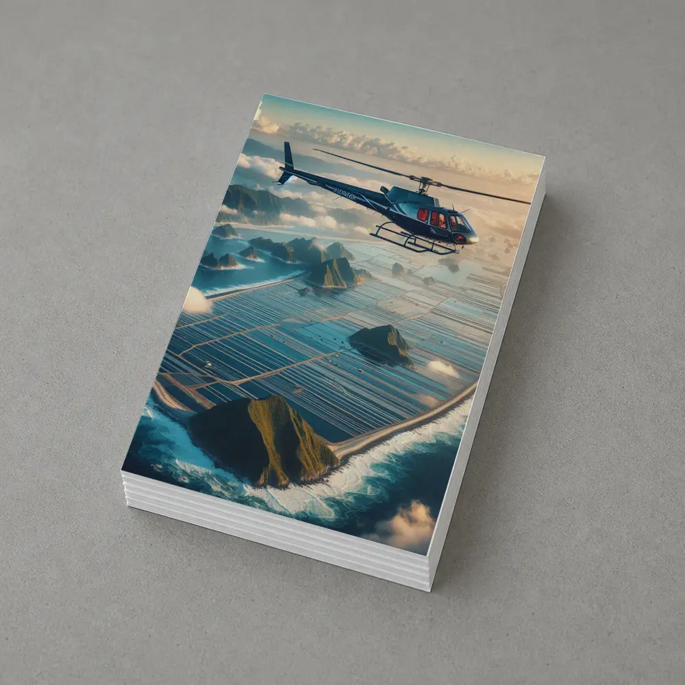Helicopter Flying Over Island Ocean Landscape – Postcards
