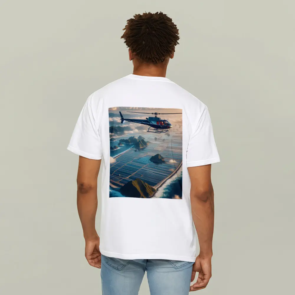Helicopter Flying Over Island Ocean Landscape – T-Shirts