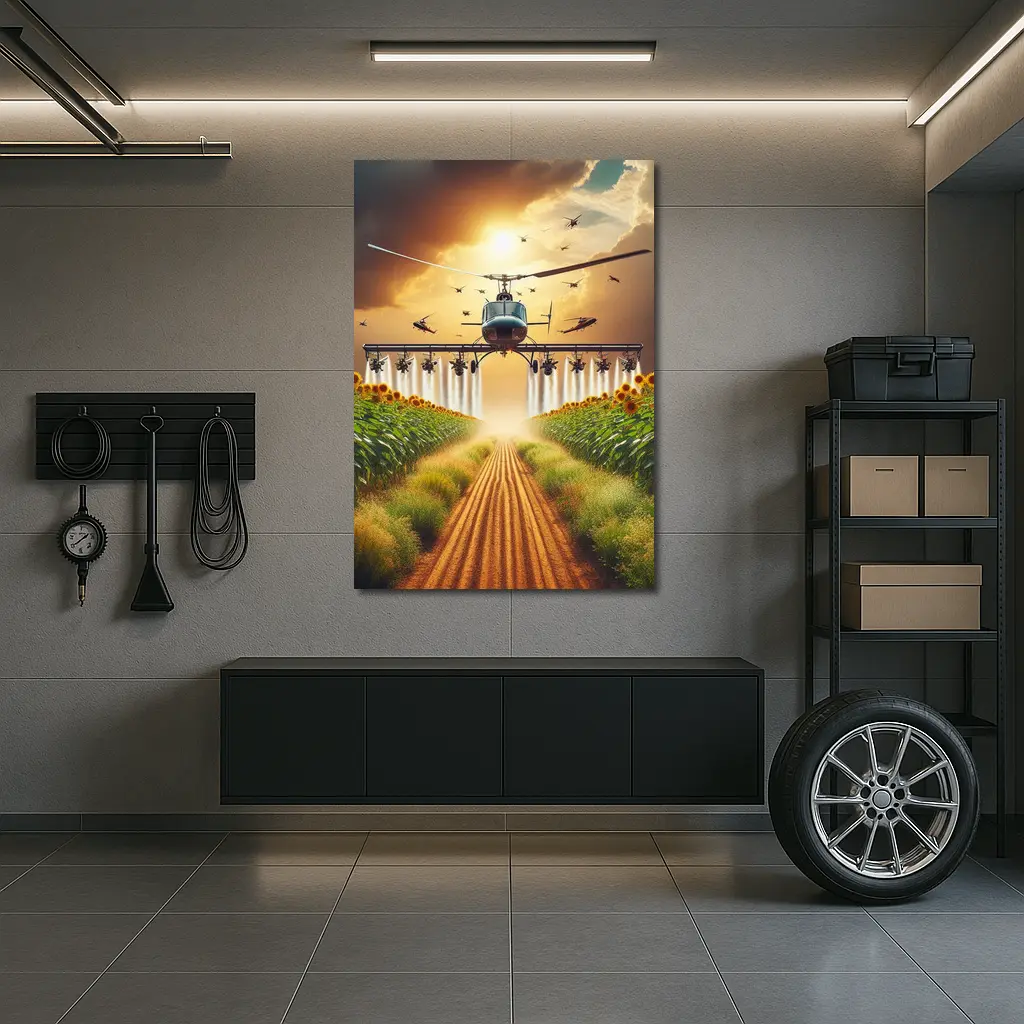 Helicopter Spraying Sunflower Fields Golden Sky – Wall Art