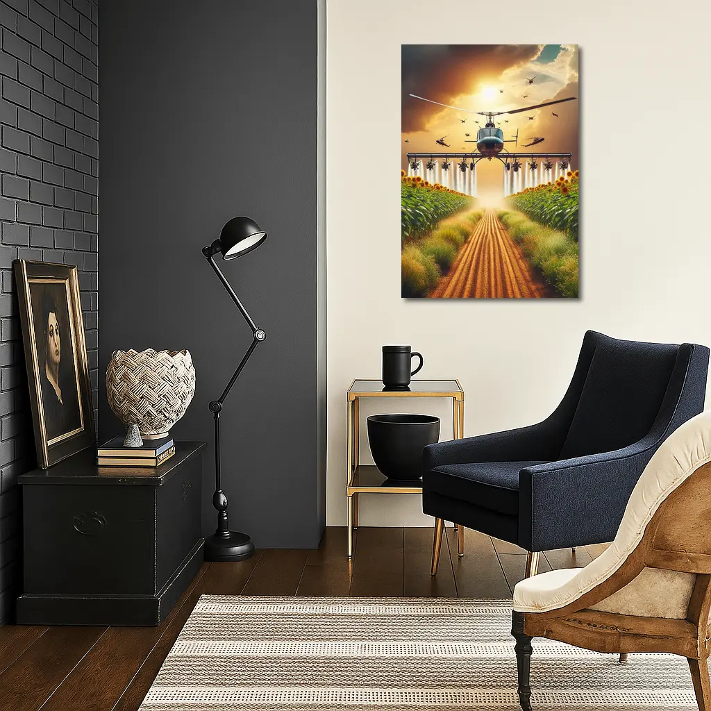 Helicopter Spraying Sunflower Fields Golden Sky – Wall Art