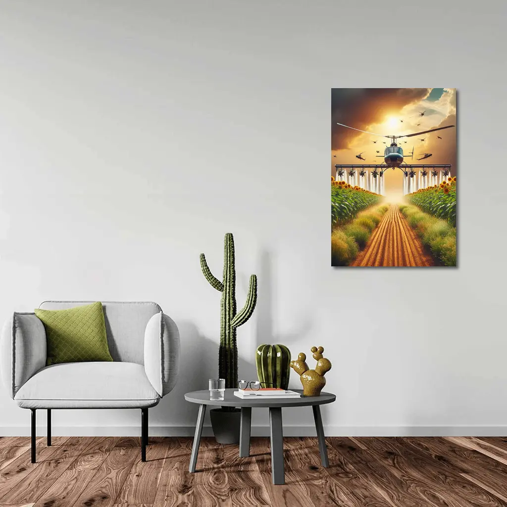 Helicopter Spraying Sunflower Fields Golden Sky – Wall Art