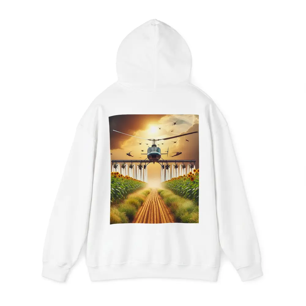 Helicopter Spraying Sunflower Fields Golden Sky – Hoodies