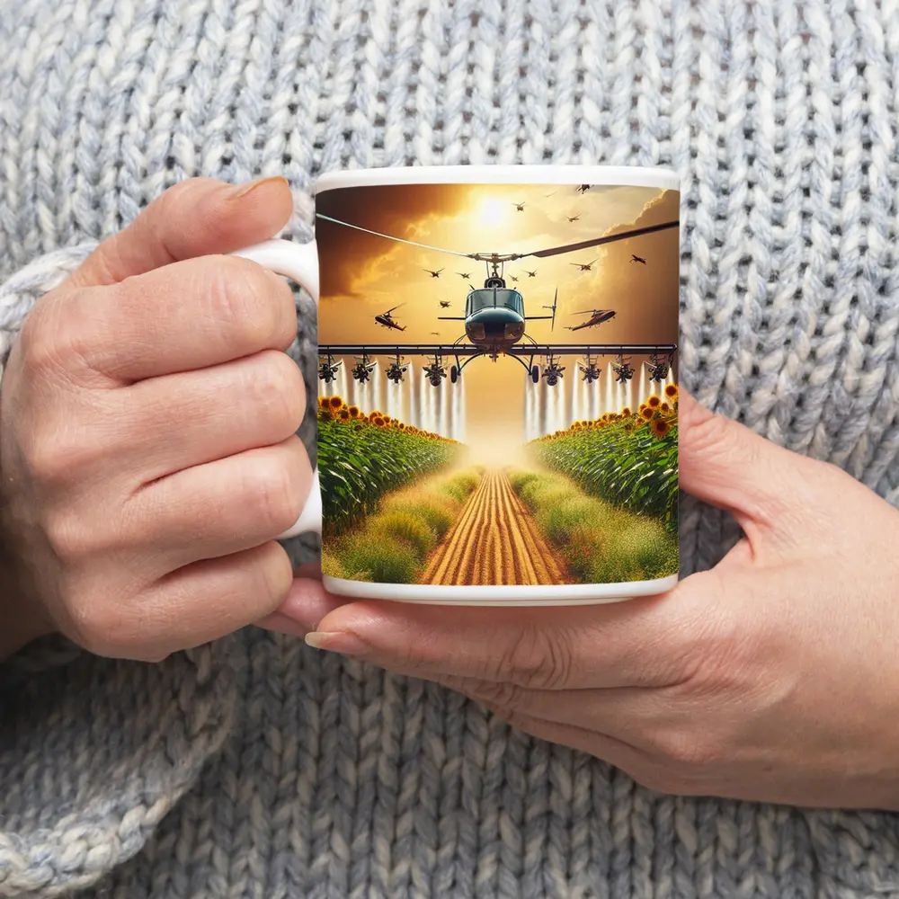 Helicopter Spraying Sunflower Fields Golden Sky – Mugs