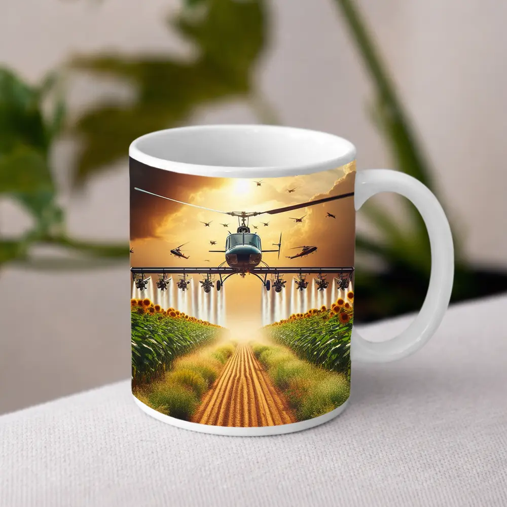 Helicopter Spraying Sunflower Fields Golden Sky – Mugs