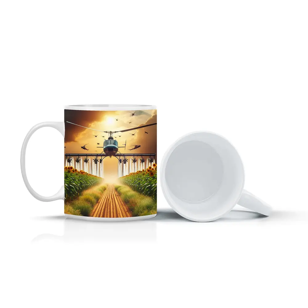 Helicopter Spraying Sunflower Fields Golden Sky – Mugs