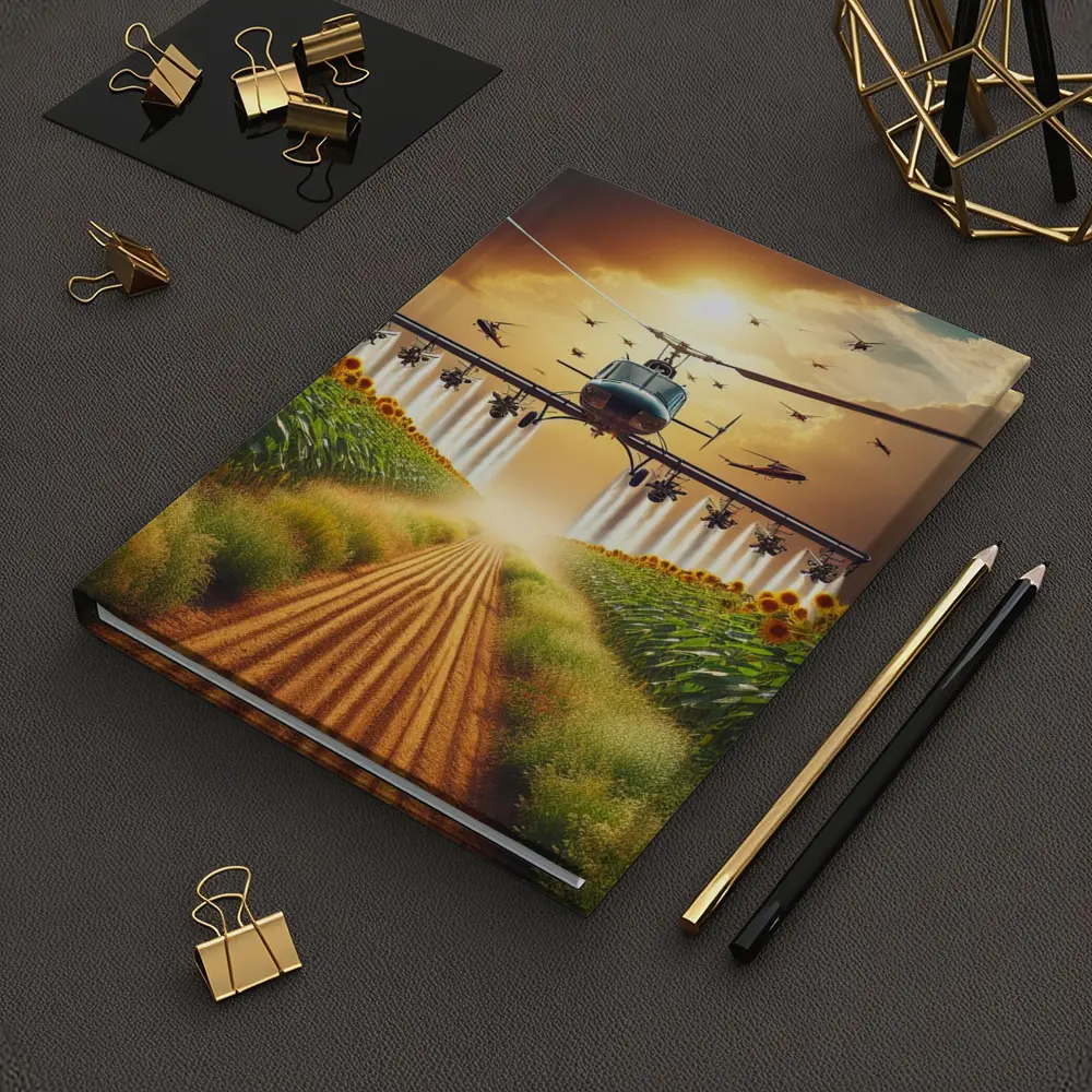 Helicopter Spraying Sunflower Fields Golden Sky – Notebooks