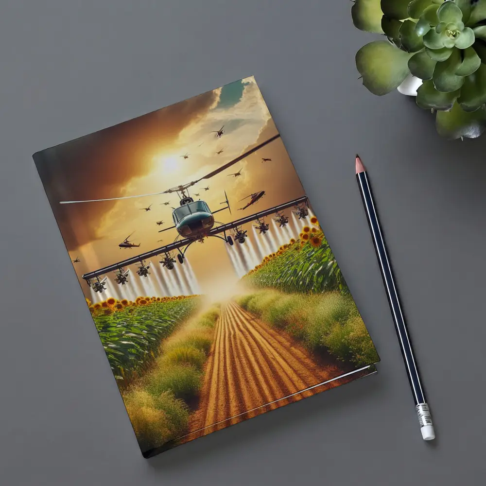Helicopter Spraying Sunflower Fields Golden Sky – Notebooks