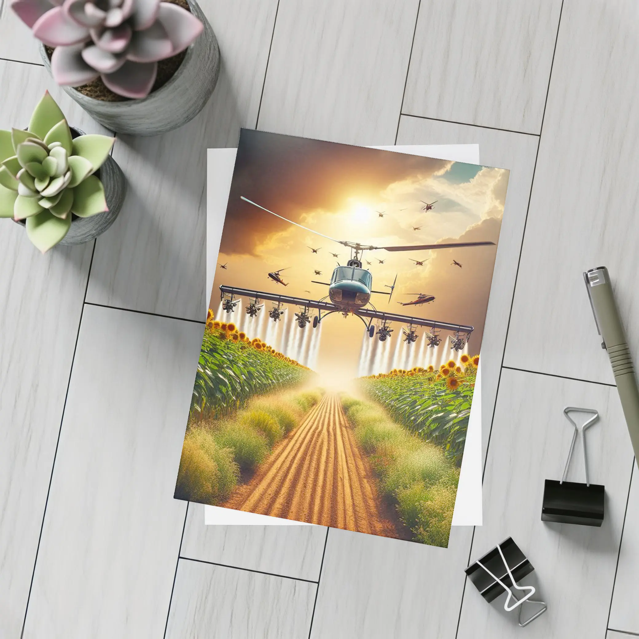 Helicopter Spraying Sunflower Fields Golden Sky – Postcards