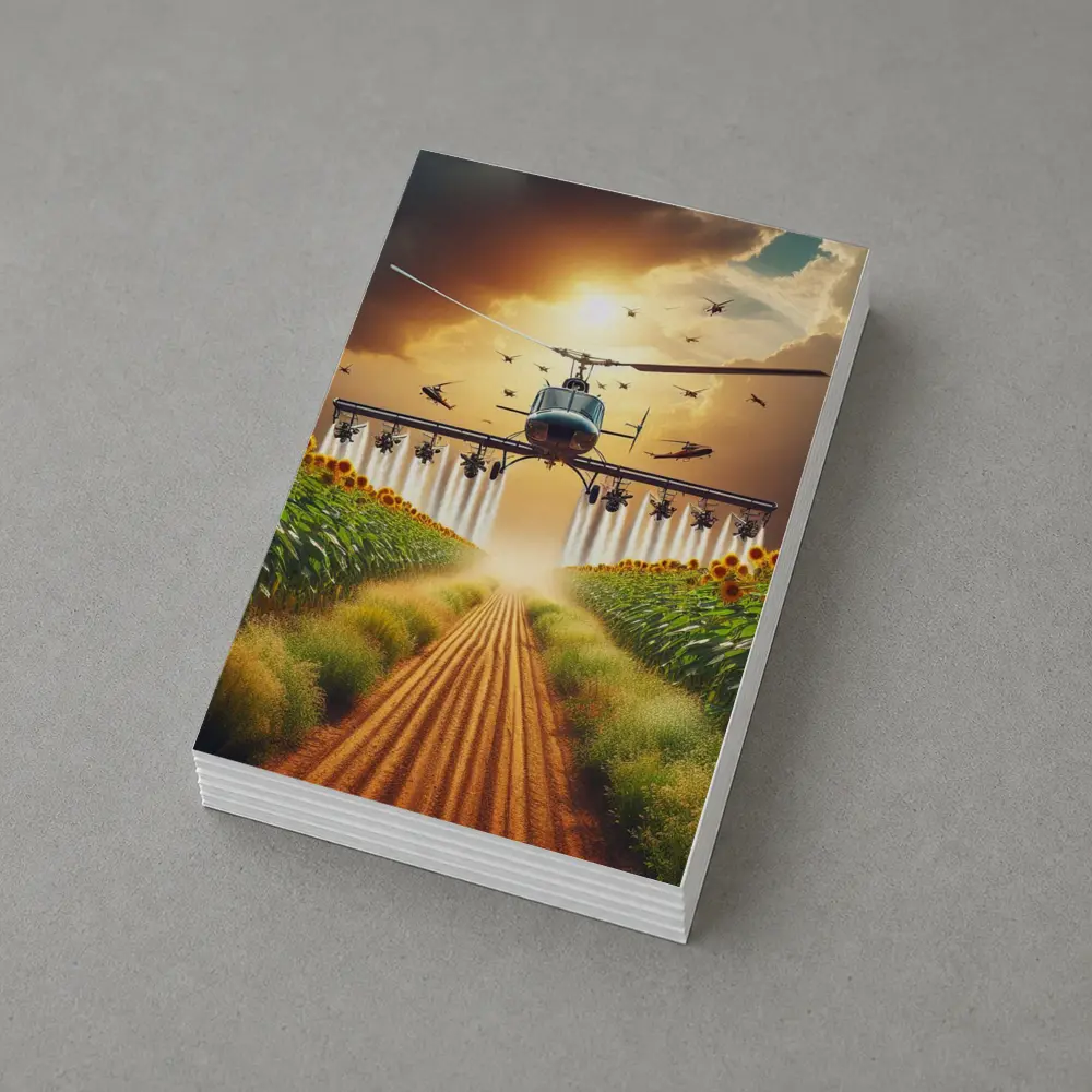Helicopter Spraying Sunflower Fields Golden Sky – Postcards